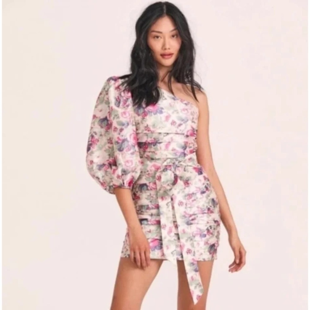 LoveShackFancy ALTIE One Shoulder Floral VEILED KISS PINK Cotton Mini‎ Dress 0